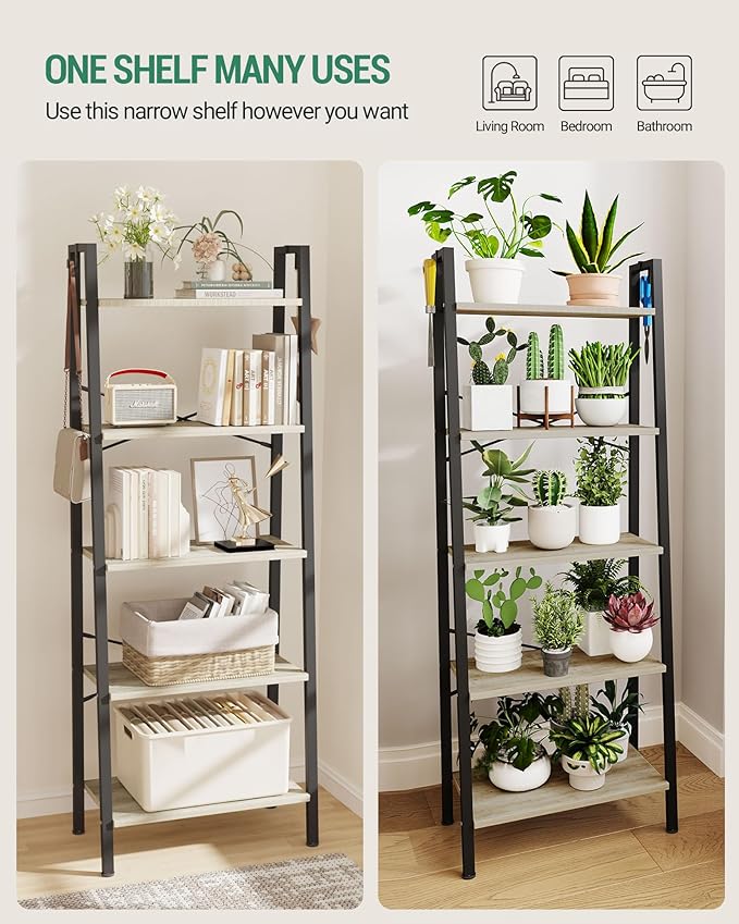 Ladder Shelf, Bookshelf Bookcase, Freestanding Corner Storage Shelve with 2 Hooks for Home Office, Living Room, Kitchen, Bedroom, Industrial, 5-Tier Greige BC19305B