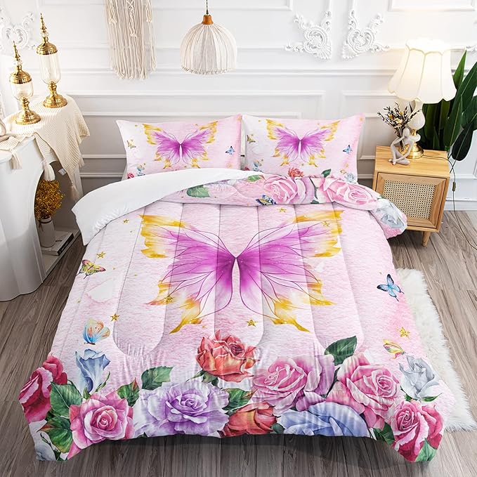 Butterfly Comforter Set for Girls Kids Adults Butterfly Rose Bedding Set Aesthetics Butterflies Quilt Duvet Set Twin Size with 1 Comforter and 2 Pillowcases