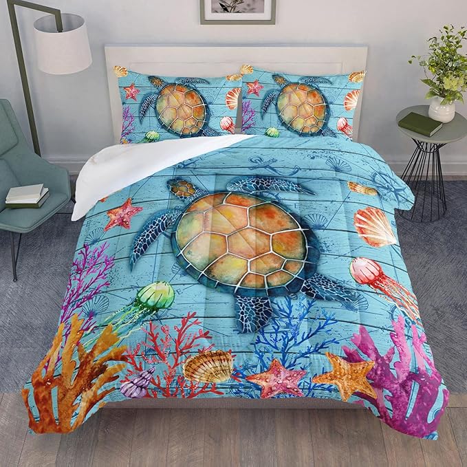 Datura home Sea Turtle Bedding Comforter Set Sea Turtle Ocean Beach Printed Pattern Bedding Set with 1 Comforter and 2 Pillowcases for Boys Bedroom All Season(Sea Turtle Queen), Queen 90x90inches