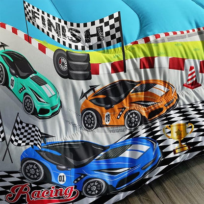 Axolotl Racing Car Bedding Set Full,Cool Speed Race Car Down Comforter for Kids Boys Girls Teens,Racing Car Comforter Set Car Theme with Three Cars Arrive at Finish,1 Comforter and 2 Pillowcases