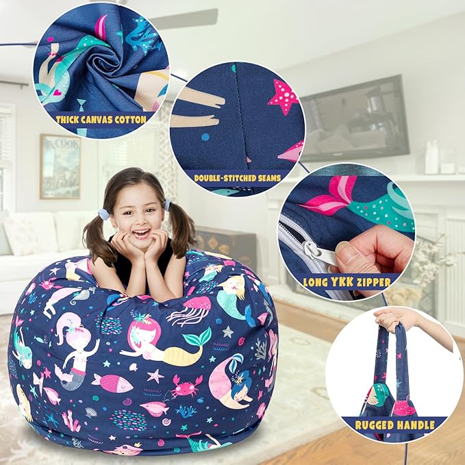 Stuffed Animal Storage Bean Bag Chair Cover, Hold Kids Plush Toys Blankets Towels Beanbag (Cover Only), Canvas Floor Circle Stuff Sit Seat Sofa with YKK Zipper, Large 32",