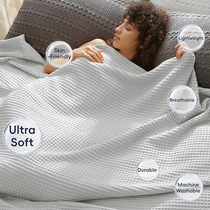 PHF Ultra Soft Waffle Weave Throw Blanket 50"x 60"- Washed Lightweight Breathable Cozy Woven Blanket for Bed - Aesthetic Decor for Couch Bedding Sofa Home Car - Light Grey