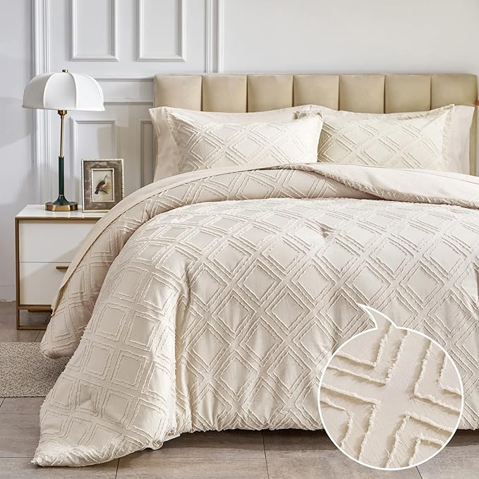 7 Pieces Tufted Bed in a Bag Queen Comforter Set with Sheets Beige, Soft and Embroidery Shabby Chic Boho Bohemian, Luxury Solid Color with Diamond Pattern, Jacquard Tufts Bedding Set for All Season