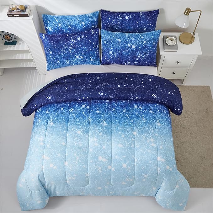 Blue Glitter Comforter Set Twin Size for Boys Girls, Sparkle Galaxy Twinkle Starlight Comforter for Kids Teen, 2 Piece Aqua Blue Navy Ombre Bedding Set with 1 Pillow Case(Blue,Twin)