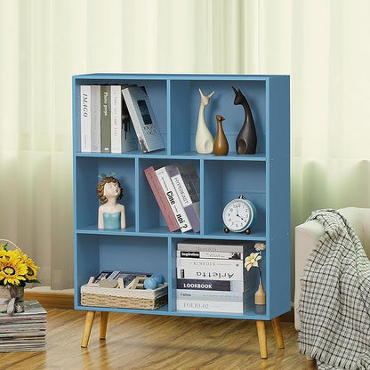 YAHARBO 5 Cube Bookshelf, Blue Kids Book Shelf with Cubby Storage,Wooden Modern Bookcase with Legs,3 Tier Freestanding Display Book Case,Children Toy Organizer,Bookshelves for Office,Nursery,Playroom