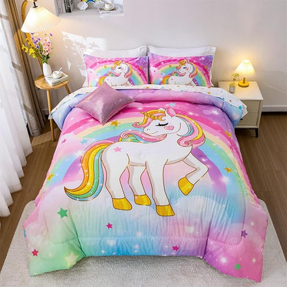 Aimuan Girls Unicorn Comforter Set 6 Pieces Pink Purple Bedding Set with Rainbow Star Galaxy Stars Fantasy Children Room Decor Soft Reversible Bed Sets for Boys/Girls/Teens (Rainbow Twin6Pcs)