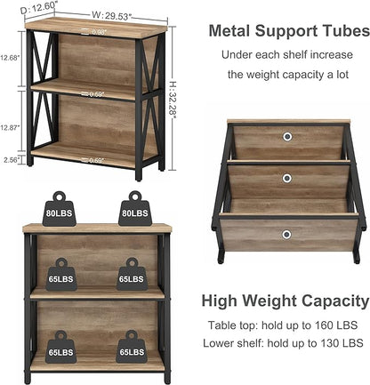 FATORRI Small Bookcase, Wood and Metal Low Short Bookshelf, Industrial Book Case and Rustic Book Shelf for Small Space (Rustic Oak)
