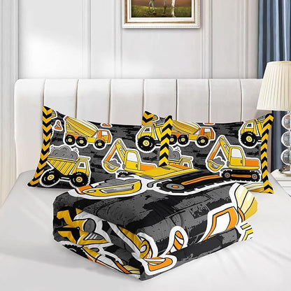 Datura home Kids Construction Truck Comforter Set for Boys Kids,Excavators Truck Machinery Vehicles Tractor Printed Bedding Set with 1 Comforter and 2 Pillowcases(Truck Yellow Twin) ,Twin 68x86inches