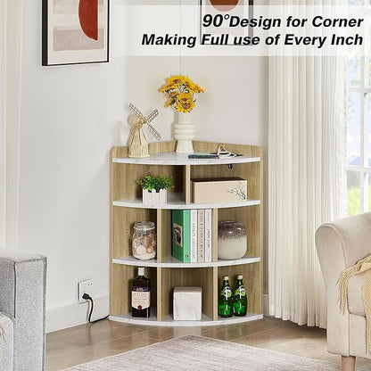 Vecelo Corner Cabinet with Charging Station, 3-Tier Cube Storage Organizer with USB Ports and Outlets, Triangle Bookcases Corner Shelf with 8 Cubbies for Playroom, Bedroom, Living Room, Marble White