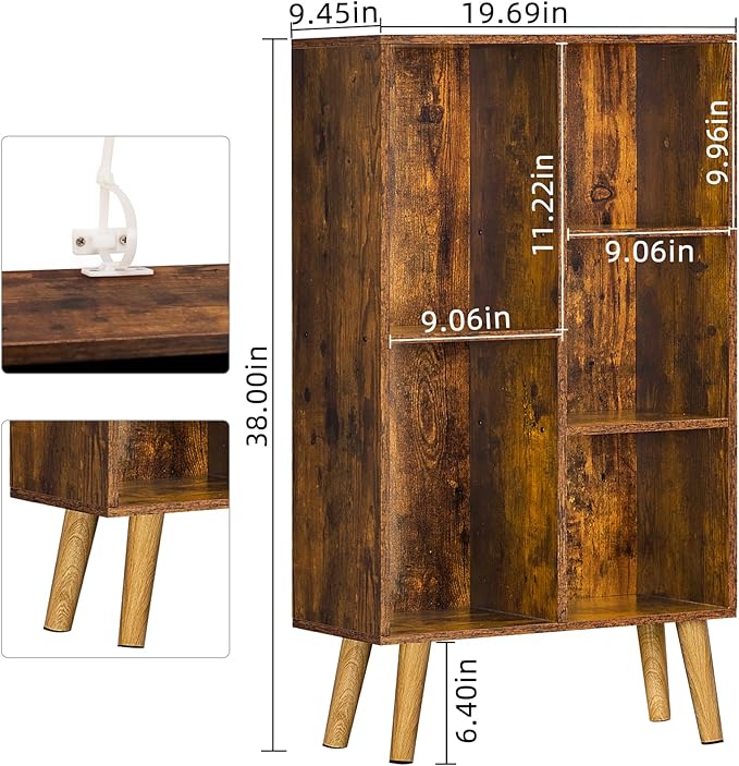 LEYAOYAO 5 Cube Small Bookshelf,3 Tier Mid-Century Bookcase with Legs,Wood Bookshelves Storage Organizer Shelf,Narrow Book Shelves,Brown Bookcases
