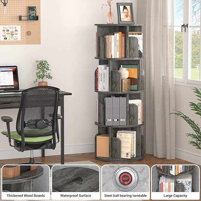 Aheaplus Rotating Bookshelf, 360 Display Corner Bookshelf for Small Space, 4 Tier Floor Standing Bookcase Storage Rack, Wood Narrow Book Shelf Organizer for Bedroom, Living Room, Study Room, Grey Oak