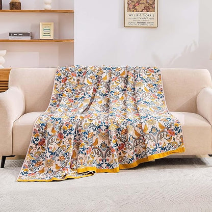 Boho Blanket Throw Quilt, 100% Cotton Soft Light Weight Throw Blankets for Summer, 60"x80" Farmhouse Flower Decorative Blankets, All Season Rustic Reversible Bohemian Throw Quilt