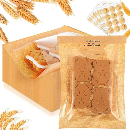 Outus 50 Pcs Cookie Packaging Bags with Seal, 4 x 6 Inch Bakery Pastry Bags with Window, Heat Sealable Grease Resistant Paper to Go Bake Sleeves for Gift Giving Donut Bread Sandwich (Brown)
