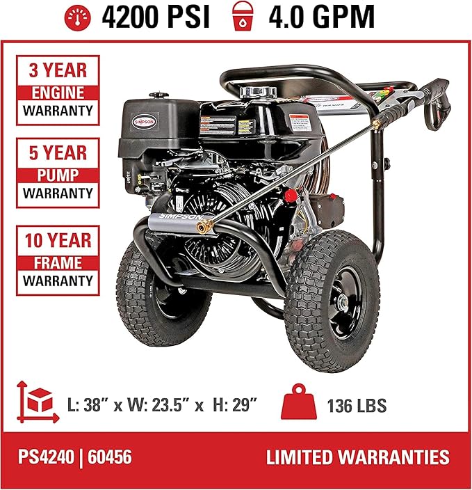 Simpson PS4240 PowerShot Gas Pressure Washer Powered by Honda GX390, 4200 PSI at 4.0 GPM, (49 State) 60456