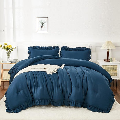 Andency Navy Blue Queen Comforter Set, 3 Pieces Boho Lightweight Solid Bedding Sets for Queen Bed, Fluffy Soft Double Women Men Microfiber Bedding Set