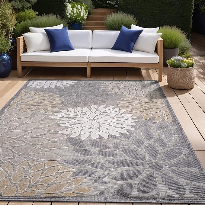 Beverly Rug Outdoor Rug 9x12 Large Modern Floral Tropical Area Rugs for Indoor and Outdoor Patio Easy to Clean Non Shedding Living Room Porch Garden Washable Outside Carpet (9 x 12 Gray)
