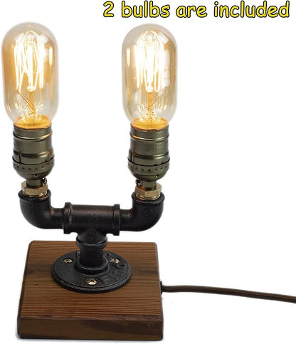 Steampunk Lamp with Dimmer, Dimmable Loft Style Industrial Vintage Antique Style Light with 2 Bulbs, Wood Base with Iron Piping Desk Lamp, Retro Desk Lamp LL-027