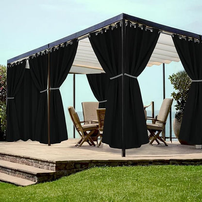 HolidayIdeas Grommet Outdoor Curtains for Patio Waterproof 8 Pcs All Weather Balcony Black Outside Curtains for Apartments, Gazebo, Pergolas, Porch, 54x108 Inch