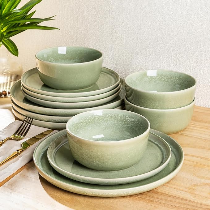 AmorArc Stoneware Dinnerware Sets for 4,Round Reactive Glaze Ceramic Plates and Bowls Set,Highly Scrath Resistant | Dishwasher & Microwave Safe Dishes Set,Service for 4 (12pc)