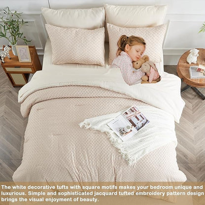 Queen Size Kids Comforter Set for Girls 7 Piece Beige Boho Tufted Kids Bedding Set for Boys Bed in A Bag Quilt Set with 1 Comforter,1 Flat Sheet, 1 Fitted Sheet, 2 Pillowcase and 2 Pillow Sham