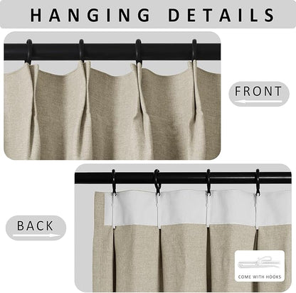 Macochico 120”Wx102”L 100% Blackout Linen Curtains Pinch Pleated Thermal Panels for Sliding Door Bedroom Living Room Farmhouse Shabby Chic Beige Burlap Curtains with Tieback 1 Panel
