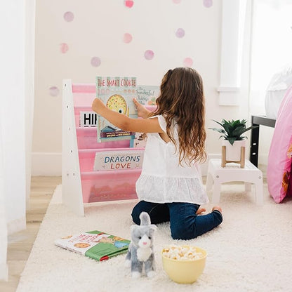 Wildkin Kids Canvas Sling Bookshelf for Boys and Girls, Wooden Design Features Four Fabric Shelves, Keep Bedrooms, Playrooms, and Classrooms Organized, Measures 25 x 24 x 11 Inches (White w/ Pink)