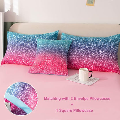 PERFEMET 6Pcs Pink Full Size Comforter Sets for Girls Colorful Rainbow Glitter Kids Bedding Set Sparkly Pastel Ombre Teen Girl Bed in A Bag Comforter Set with Sheets (Pink Blue, Full)