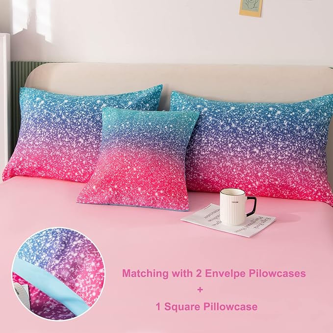 PERFEMET Girls Comforter Set Queen Size, 6 Piece Bed in A Bag, Colorful Rainbow Bedding Set with Comforter and Sheet, Gradient Pink Glitter Galaxy Bed Set for Teen Girls Kids Women, Blue Turquoise