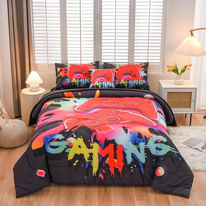 Aimuan Gaming Comforter Sets for Boys Kids Bedding Sets Video Games Console Action Buttons Novelty Colorful Game Gamepad Controller Modern Gamer Room Decor Home Quilt Set (Queen 6 Pcs,Black)