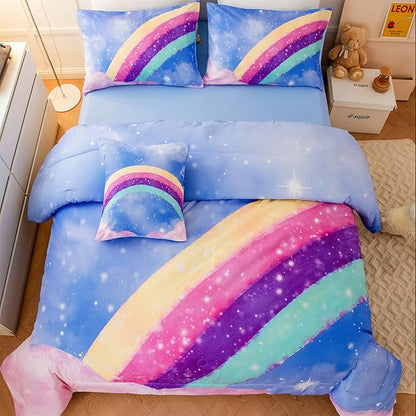 Sky Blue Teen Rainbow Comforter Set Queen Size for Girls, 6 Pieces Galaxy Gradient Bed in A Bag, 3D Galaxy Kids Bedding Comforter Sets with Comforter, Sheets and Pillowcases