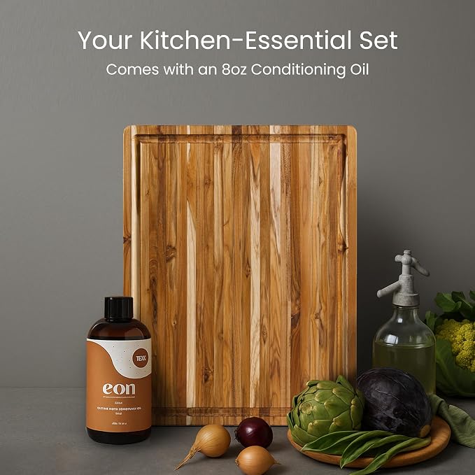 Teakhaus Carving Board and EON Cutting Board Oil Set - Small (S) Teak Wood Cutting Board with Juice Groovel & Food-Grade Mineral Oil - 16”L x 12”W x 1.5” Thick - FSC Certified