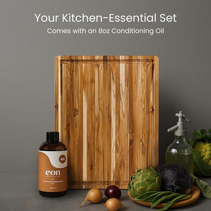 Teakhaus Carving Board and EON Cutting Board Oil Set - Small (S) Teak Wood Cutting Board with Juice Groovel & Food-Grade Mineral Oil - 16”L x 12”W x 1.5” Thick - FSC Certified