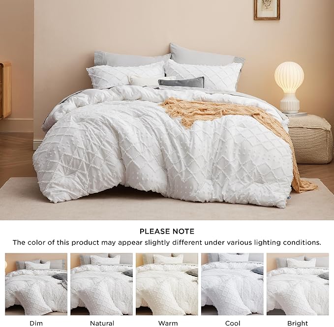 Bedsure King Size Comforter Set - White Comforter, Boho Tufted Shabby Chic Bedding Comforter Set, 3 Pieces Vintage Farmhouse Bed Set for All Seasons, Fluffy Soft Bedding Set with 2 Pillow Shams