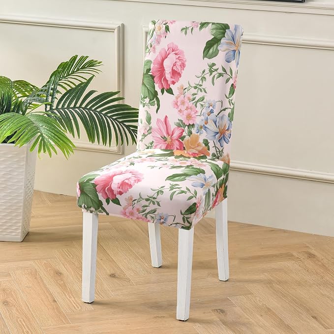 Fuloon Chair Covers for Dining Room 6 Pack, Printed Stretch Dining Slipcovers, Washable Kitchen Slip Covers for Parson Chair, Flowers Blossoms Printed, Set of 6