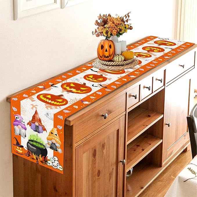 Halloween Table Runner, Halloween Table Runner 90 Inches Long, Halloween Pumpkins Gnomes Runners for Table, Black Cat Spider Web Holiday Decor Burlap Runner Rug for Home Decorations Dining Room