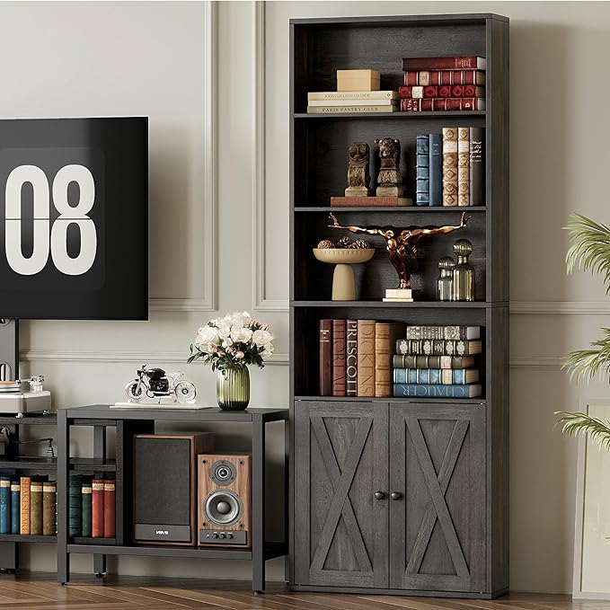 IRONCK Industrial Bookshelves and Bookcases with Doors Set of 2 Floor Standing 6 Shelf Display Storage Shelves 70 in Tall Bookcase for Home Office, Living Room