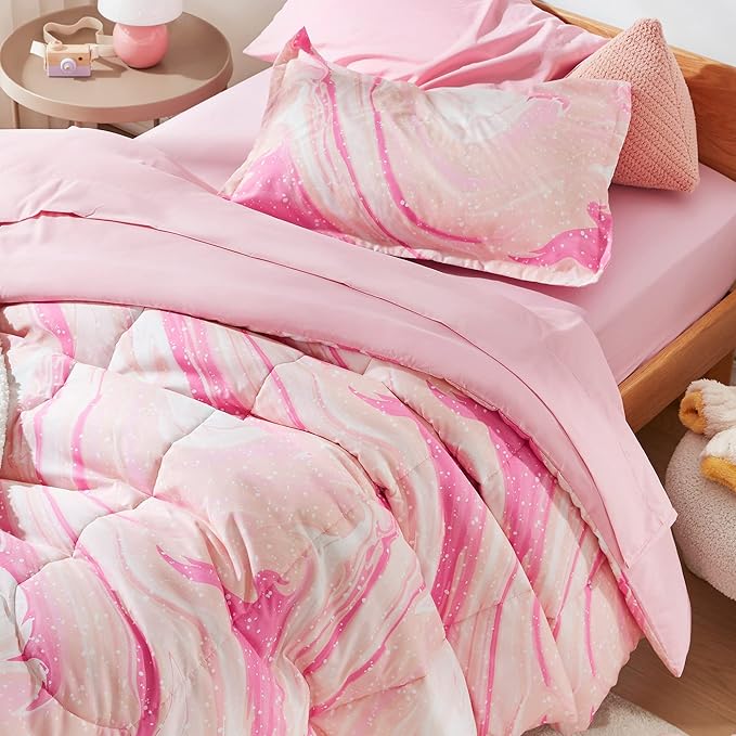 SLEEP ZONE Kids Twin Bedding Comforter Set - 5 Pieces Super Cute & Soft Bedding Sets & Collections with Comforter, Sheet, Pillowcase & Sham - Fade Resistant Easy Care (Ice Cream Pink)