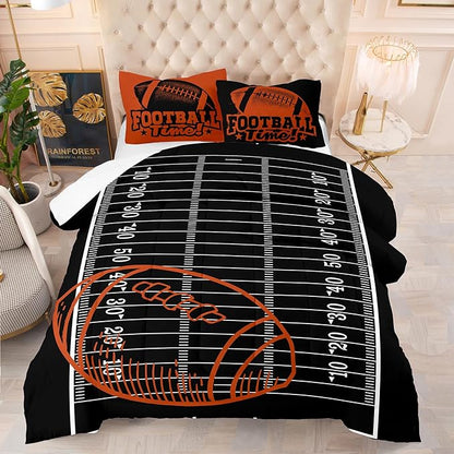 Tailor Shop Sports Football Comforter Set for Boys Kids Teens ，Football Bedding Sets Full Size Black Rugby Theme Bedding Set with 2 Comforter 2 Pillowcases