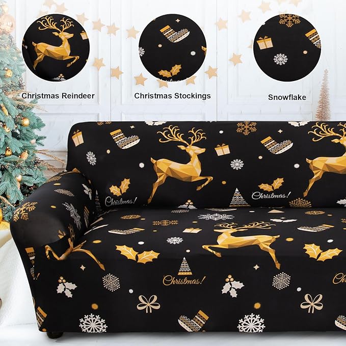 Mybedsoul Christmas Printed Black Sofa Cover Reindeer Printed Elastic Couch Cover Machine Washable Christmas Theme Red Sofa Slipcover for Living Room(3 Seater/Loveseat)