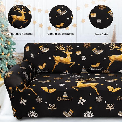 Mybedsoul Christmas Printed Black Sofa Cover Reindeer Printed Elastic Couch Cover Machine Washable Christmas Theme Red Sofa Slipcover for Living Room(3 Seater/Loveseat)