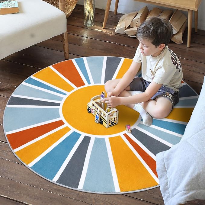 Topotdor Sun Rainbow Round Rug 4ft Boho Kids Nursery Rug, Colorful Washable Area Rug Ultra Soft Circle Classroom Rug Non-Slip for Bedroom Living Room Playroom Decor, Blue