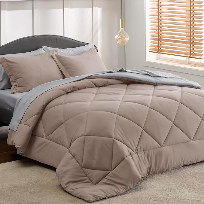 Bedsure Taupe Twin XL Comforter Set - 5 Pieces Reversible Twin XL Bed in a Bag Twin XL Bed Set with Comforters, Sheets, Pillowcase & Sham, Twin XL Bedding Sets