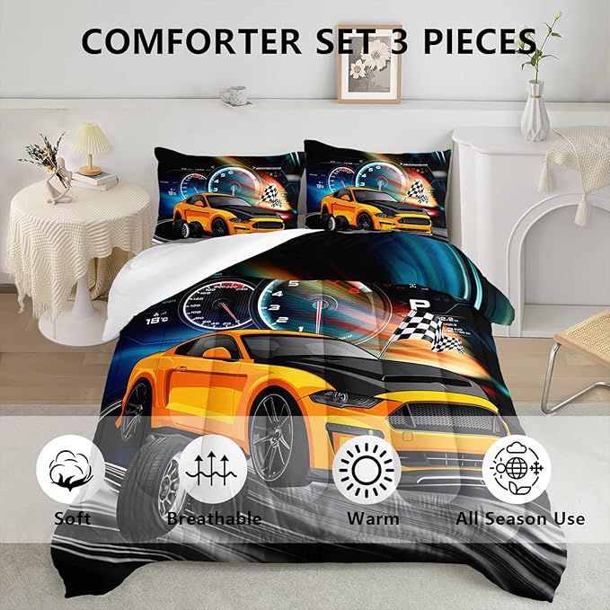 Axolotl Race Car Bedding Set Queen Size,Boys Extreme Sports Comforter Set for Kids Boys Car Racing Gifts,Yellow Cool Car Comforter Car Sports Quilt Set 1 Comforter with 2 Pillowcase Car Racing Gifts