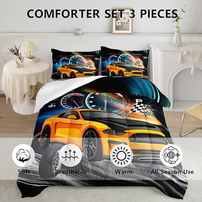 Axolotl Race Car Bedding Set Queen Size,Boys Extreme Sports Comforter Set for Kids Boys Car Racing Gifts,Yellow Cool Car Comforter Car Sports Quilt Set 1 Comforter with 2 Pillowcase Car Racing Gifts