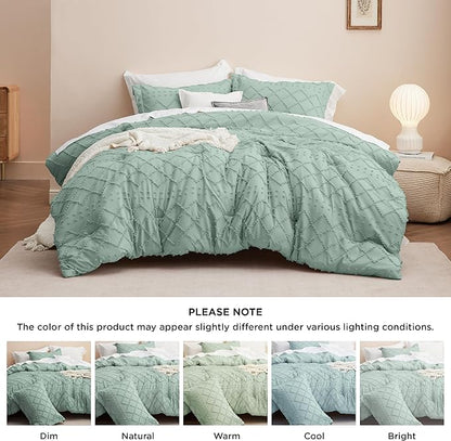 Bedsure King Size Comforter Set - Sage Green Comforter, Boho Tufted Shabby Chic Bedding Comforter Set, 3 Pieces Farmhouse Bed Set for All Seasons, Fluffy Soft Bedding Set with 2 Pillow Shams