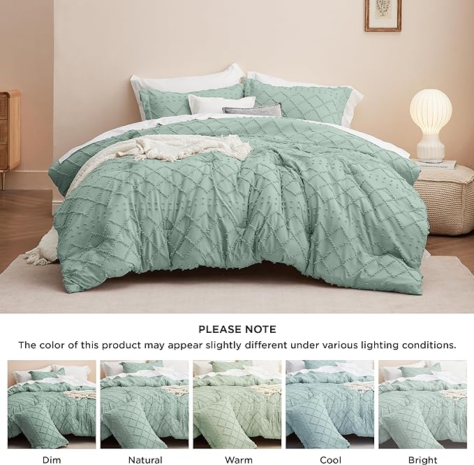 Bedsure California King Comforter Set - Sage Green Comforter, Boho Tufted Shabby Chic Bedding Comforter Set, 3 Pieces Farmhouse Bed Set for All Seasons, Fluffy Soft Bedding Set with 2 Pillow Shams
