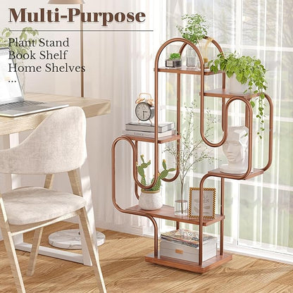 Allinside Cactus Corner Bookshelf, 6 Tiers Multipurpose Plant Stand, Heavy-Duty Metal Corner Shelf, Creative Tall Display Rack, Rustic Bookcase for Living Room, Bedroom, Home Office and Balcony