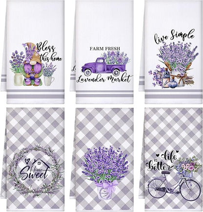 Boyiee 6 Set Lavender Kitchen Towels Purple Floral Dishcloth | Rustic Absorbent Purple Tea Hand Towels, 24 x 16 Inches Lavender Lover Gifts for Farmhouse Kitchen Bathroom Accessories Decor