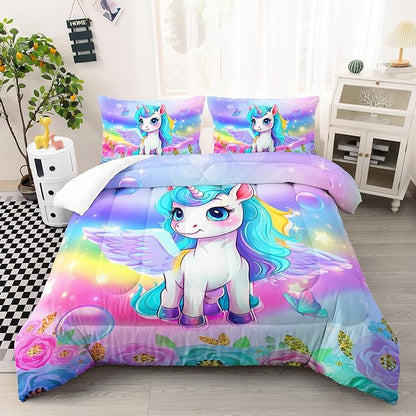 Kid Unicorn Comforter Set Full Size 3Pcs Butterfly Rainbow Flower Star Pattern Quilt Bedding Set for Boys Girls with 1 Comforter and 2 Pillowcases