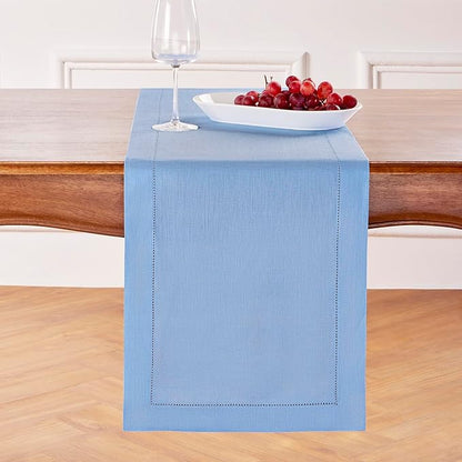 Solino Home Linen Cornflower Blue Hemstitch Table Runner 60 Inches - 100% Pure Linen Small Table Runner 14 x 60 Inch Ideal for Dresser and Coffee Tables - Classic Hemstitch